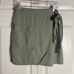 Rachel Roy Faux Wrap Cargo Skirt‎ Women M Green Linen Rayon Blend Pocket Tied